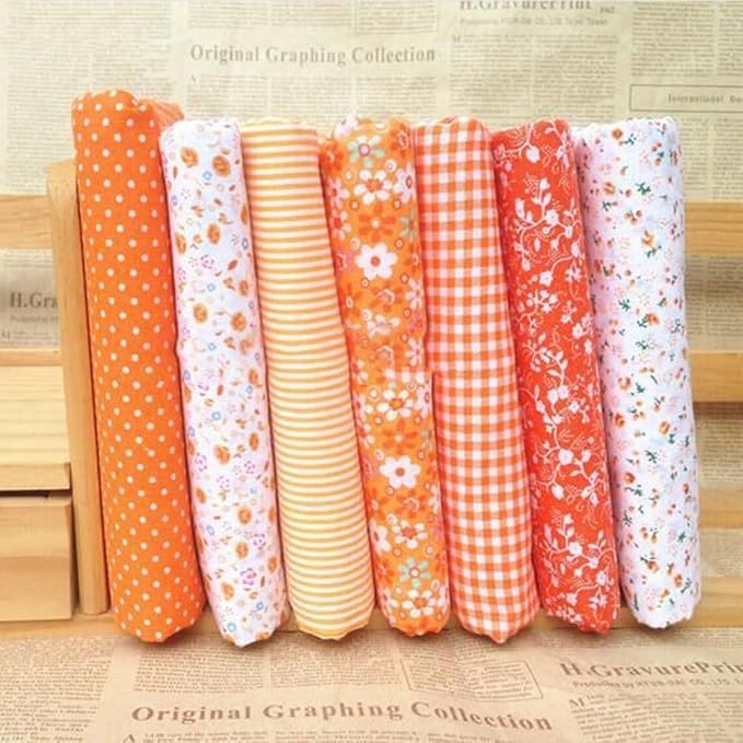 7Pcs Orange Cotton/Polyester Fabric Bundle Squares Patchwork DIY Sewing Scrapbooking Quilting Floral Dot Pattern Fabric 10" x 10" (25cm x 25cm) Arts, Crafts and Sewing