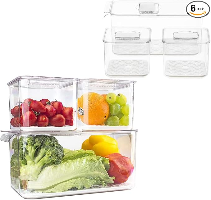 Slideep Fridge Produce Saver Food Storage Bin Containers, Stackable Refrigerator Freezer Organizer Bins with Removable Drain Tray, Fridge Fresh Keeper for Veggie, Berry, Fruits, Vegetables 6 Pack