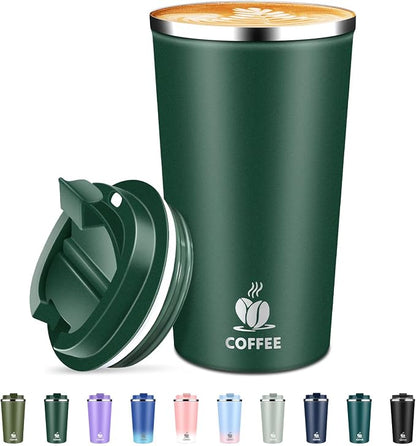 Insulated Travel Coffee Mug Reusable Coffee Tumbler Cup with Flip Lid Leak Proof Spill Proof for Office School Party Camping Hot and Cold Drink,Stainless Steel 17oz (Dark Green)