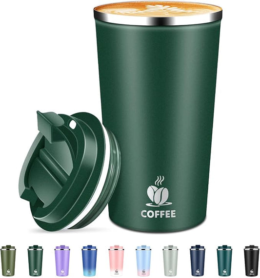 Insulated Travel Coffee Mug Reusable Coffee Tumbler Cup with Flip Lid Leak Proof Spill Proof for Office School Party Camping Hot and Cold Drink,Stainless Steel 17oz (Dark Green)