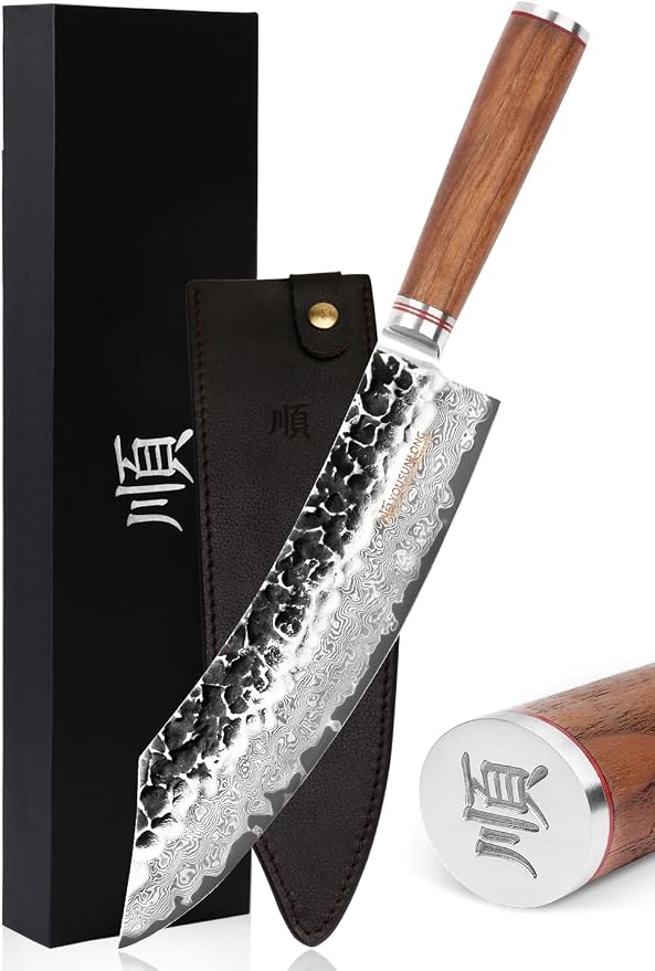 YOUSUNLONG Butcher Knife10 inch Pro Breaking Knives Japanese Hammered Damascus Steel Natural Walnut Wooden Handle with Leather Sheath