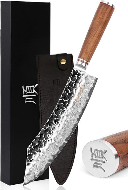 YOUSUNLONG Butcher Knife10 inch Pro Breaking Knives Japanese Hammered Damascus Steel Natural Walnut Wooden Handle with Leather Sheath