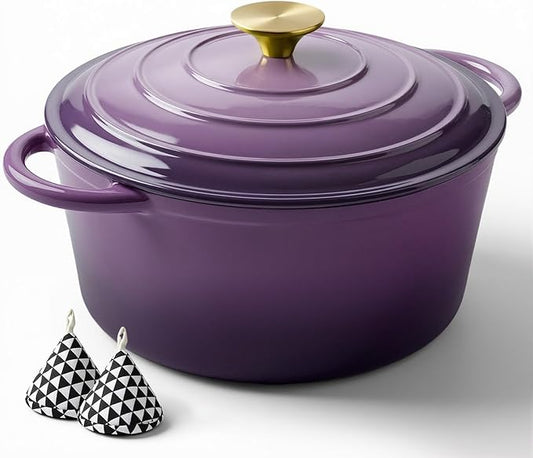 Miereirl 4.5 Quart Enameled Dutch Oven Pot with Lid, Cast Iron Dutch Oven with Dual Handles for Bread Baking, Cooking, Non-stick Enamel Coated Cookware, Purple