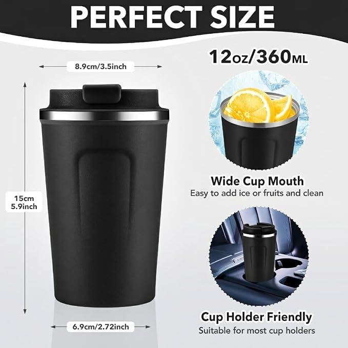 Volhoply 12 oz Double Wall Insulated Vacuum Travel Coffee Mug with Flip Lid Bulk 2 Pack,Reusable Stainless Steel Leak Proof Coffee Cup,Portable Thermal Tumbler for Cold&Hot Drinks(Assort Color,2 Set)