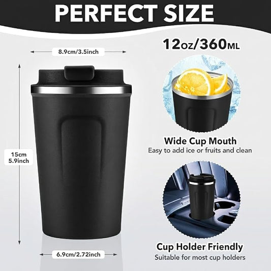 Volhoply 12 oz Double Wall Insulated Vacuum Travel Coffee Mug with Flip Lid Bulk 8 Pack,Reusable Stainless Steel Leak Proof Coffee Cup,Portable Cafe Thermal Tumblers for Hot & Cold Drinks(Black,8 Set)