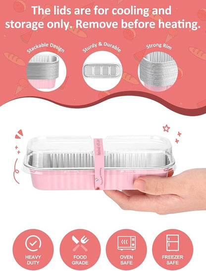NEEBAKE 150 Pack 6.8 oz Disposable Mini Loaf Pans with Lids and Spoons - 6.5x2.5x1.2 Pink Aluminum Loaf Pans, Small Aluminum Tin Foil Baking Pan, Food Containers for Baking, Cakes, Bread, Loaves