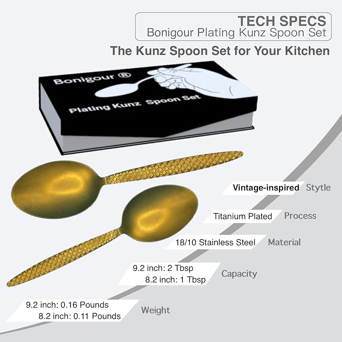 Kunz Spoons - Professional Chef Spoon Set for Basting, Plating, Quenelle, Serving, Sauces| Vintage-inspired 8" & 9" Spoon Set| Culinary Plating Tools with Non-Slip Grip (Matte Gold)