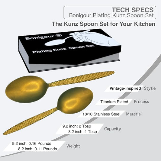 Kunz Spoons - Professional Chef Spoon Set for Basting, Plating, Quenelle, Serving, Sauces| Vintage-inspired 8" & 9" Spoon Set| Culinary Plating Tools with Non-Slip Grip (Matte Gold)
