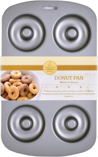 Mrs. Anderson's Baking 6-Cup Donut Pan, Carbon Steel with Non-Stick Coating, PFOA Free, 10.5-Inches x 7-Inches