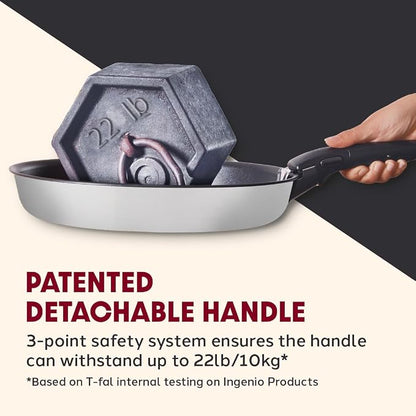T-fal Ingenio Expertise Stainless Steel Cookware Set 4 Piece, Induction, Oven Safe, Stackable Cookware, Pots and Pans, RV, Camping, Frying Pans, Dishwasher Safe, Detachable/Removable Handle, Silver