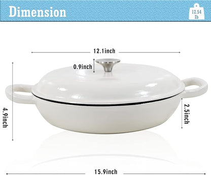 COOKWIN Enameled Cast Iron Braiser Pan, 3.8 Quart Shallow Dutch Oven with Lid, Heavy Duty Casserole Skillet with Dual Handles for Family or Friends Gifts, Oven-Safe to 500°F, White