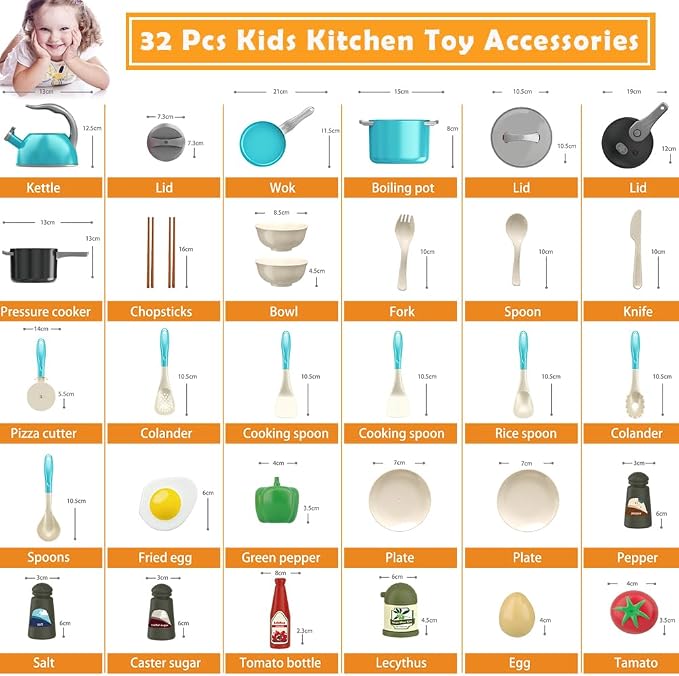 Bruvoalon 32Pcs Kids Play Kitchen Toys Set, Toddlers Pretend Cooking Playset Acccessories with Pots Pans, Utensils Cookware, Foods, Canned Veges, Learning Gift for Kids Girls Boys (Turquoise)