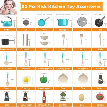 Bruvoalon 32Pcs Kids Play Kitchen Toys Set, Toddlers Pretend Cooking Playset Acccessories with Pots Pans, Utensils Cookware, Foods, Canned Veges, Learning Gift for Kids Girls Boys (Turquoise)
