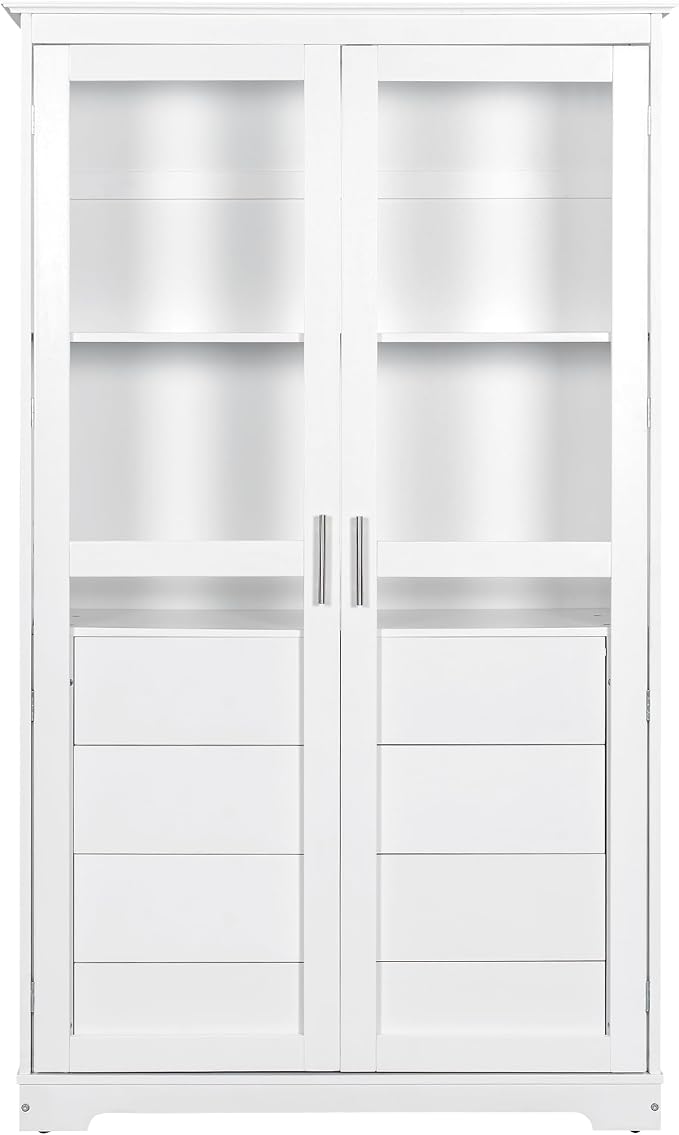 VilroCaz 75'' Tall Kitchen Pantry, Wood Freestanding Kitchen Storage Cabinet Display Cabinet with Glass Doors and 4 Built-in Drawers for Living Room Home Office (White-6.21)