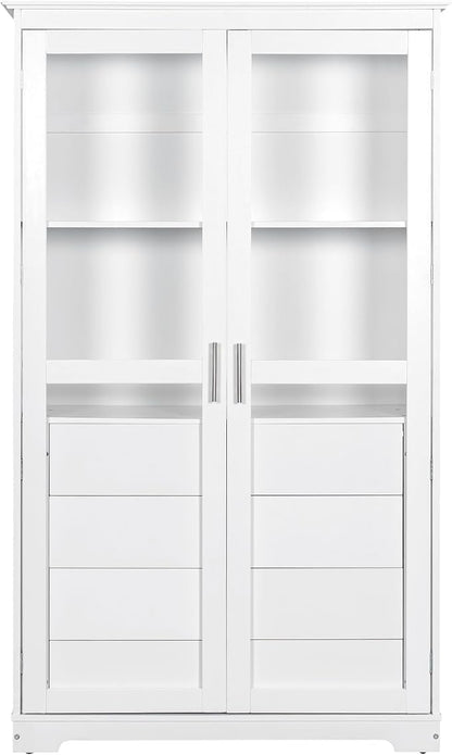VilroCaz 75'' Tall Kitchen Pantry, Wood Freestanding Kitchen Storage Cabinet Display Cabinet with Glass Doors and 4 Built-in Drawers for Living Room Home Office (White-6.21)