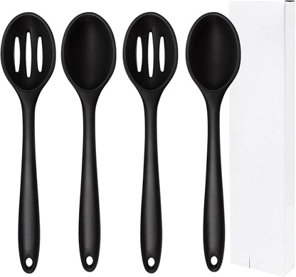 Silicone Cooking Spoon, Nonstick Kitchen Spoons Set for Cooking,Slotted and Solid Serving Spoon Heat Resistant, Silicone Mixing Basting Stirring Spoons for Nonstick Cookware 4 Pack (Black)