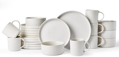 Famiware Star Dinnerware Set with Mugs, Service for 6 (24 Pieces), Ribbed Stoneware Plates and Bowls Dishes Sets - Chip & Scratch Resistant, Microwave & Dishwasher Safe, Matte White