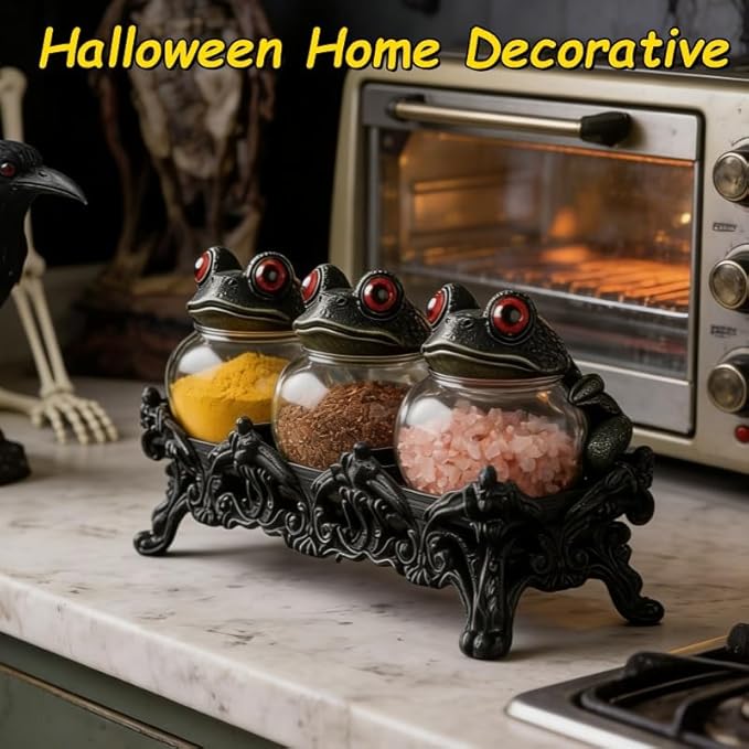 Witchy Frog Apothecary Spice Jars, Handcrafted Vintage Glass Storage Jars with Red-Eyed Frog Lids, Gothic Kitchen Herb Teas Food Storage Containers for Home Decor Fun Display (3-piece set)