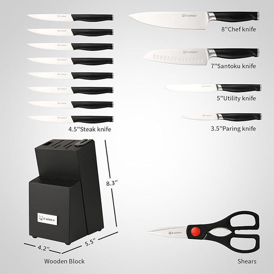 15-Piece Kitchen Knife Set with Block, ABS Ergonomic Handle for Chef Knife Set and Serrated Steak Knives Knife Sharpener and Kitchen Shears, Dishwasher Safe, Black Block