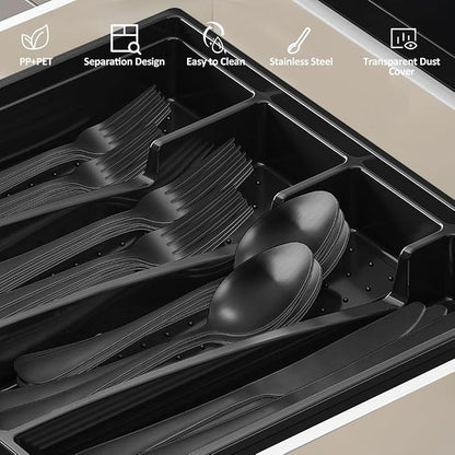 41-Piece Black Matte Silverware Set with Drawer Organizer, SANLUNS Stainless Steel Flatware Cutlery for 8 Utensil Set for Home Restaurant, Tableware Includes Knife Fork Spoon Set Dishwasher Safe