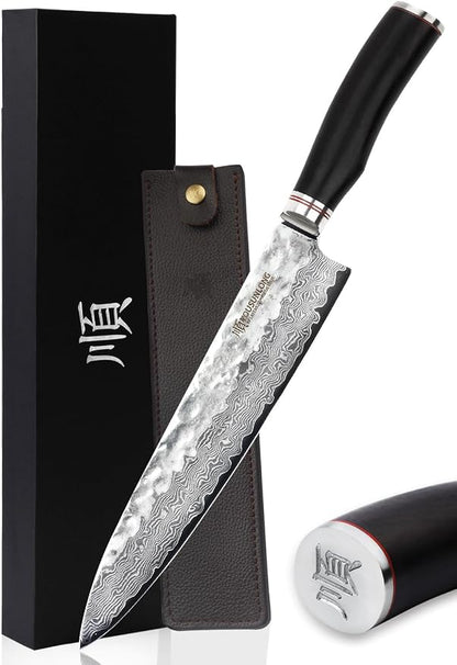 YOUSUNLONG Gyuto 10 inch Pro Chef's Knives Japanese Hammered Damascus Natural Leadwood Handle with Leather Sheath