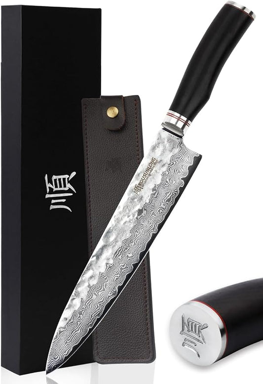 YOUSUNLONG Gyuto 10 inch Pro Chef's Knives Japanese Hammered Damascus Natural Leadwood Handle with Leather Sheath