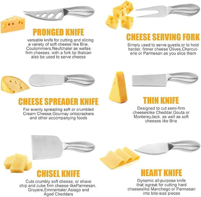Premium Stainless Steel Cheese Tool Set - 6 Piece Cheese Knife Set - Cut, Spread All Your Favorite Cheeses