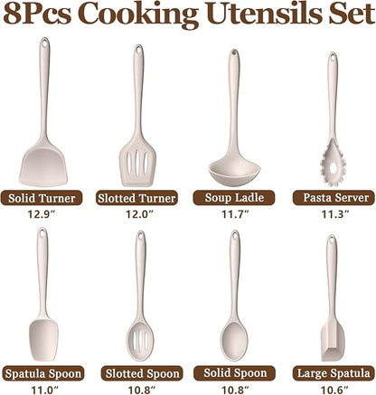 LIANYU Non-Toxic Silicone Kitchen Utensils Set, 8 Piece Non-Scratch Cooking Spoons & Spatulas, Stainless Steel Core, Heat Resistant & Dishwasher Safe, Khaki