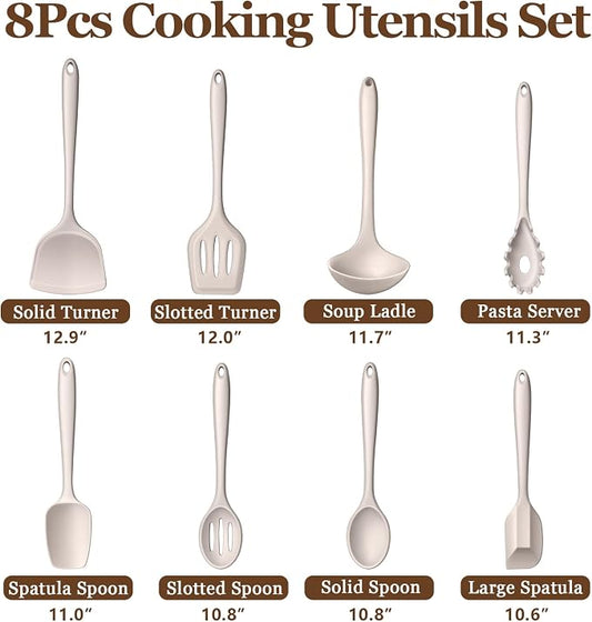 LIANYU Non-Toxic Silicone Kitchen Utensils Set, 8 Piece Non-Scratch Cooking Spoons & Spatulas, Stainless Steel Core, Heat Resistant & Dishwasher Safe, Khaki