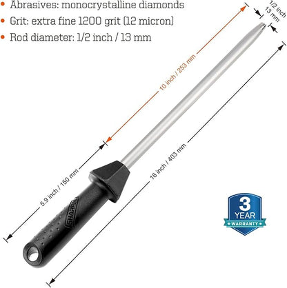 SHARPAL 119N Diamond Sharpening Steel – Professional Solid Knife Sharpener Honing Rod with Built-in Angle Guides, Sharpens, Realigns, and Polishes Edges for Chef and Kitchen Knives Fathers Day Gift