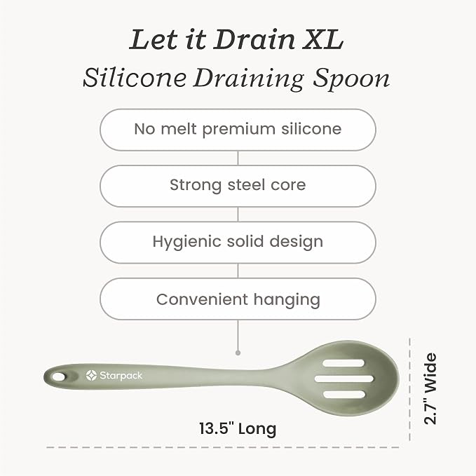 Starpack 'Let it Drain' XL Silicone Slotted Spoon (13.5 Inches)- Large Spoon with Slots for Cooking Heat Resistant to 600°F - Silicone Slotted Serving Spoons, Non Stick Cooking Spoons with Slots