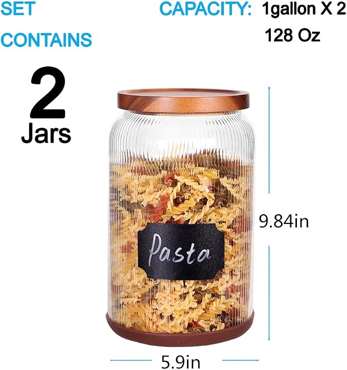 SAIOOL 2-Pack Striped Borosilicate Glass Airtight Canisters - Big mouth Large Capacity, Acacia Wood Lid, Food Storage Jars for Flour, Pasta, Pantry Organization (1 Gallon （2 Striped pack）)
