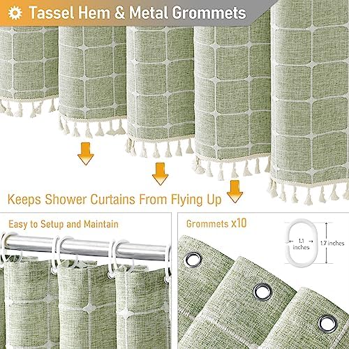BTTN 60x72 Boho Farmhouse Linen Heavy Duty Shower Curtain Set, Sage Green