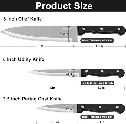 Kitchen Knife, 3-Pcs Knife Set, 8 Inch Chef Knife, 5 Inch Utility Knife, 3.5 Inch Paring Knife, Ultra Sharp Chef's Knives in High Carbon Stainless Steel, Ideal for Cooking, Chopping, Slicing and BBQ