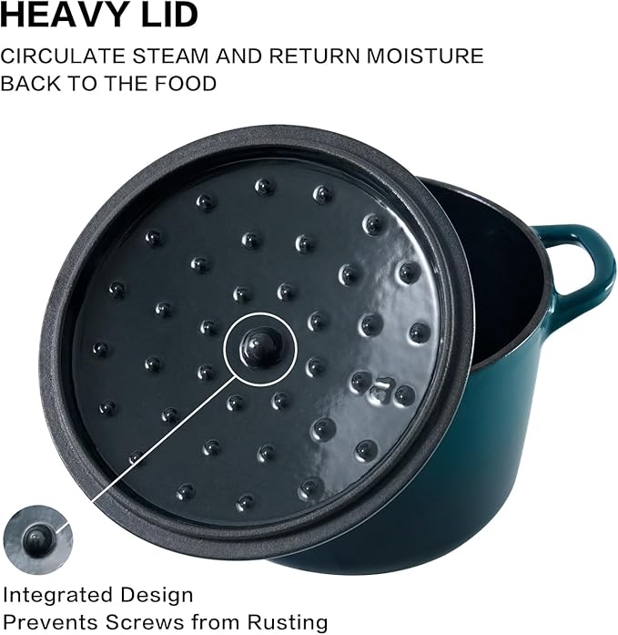 Flavehc Dutch Oven Pot with Lid 1.8 Qt Cast Iron Dutch Oven for Bread Baking, DarkCyan Enameled Cast Iron Rice Pot, Small Deep Dutch Oven for Rice, Beans & Side Dishes