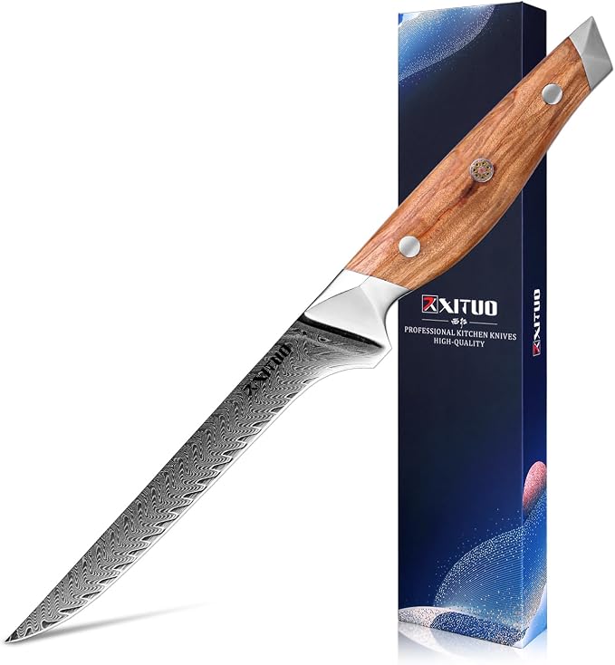 XITUO 6-Inch Boning Knife, Damascus Steel Sharp Blade with Olive Wood Handle – Heavy Duty Meat Trimmer for Steak, Ribs & Turkey, Great Gift for Cooking Enthusiasts