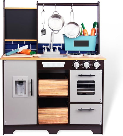 Play Kitchen for Kids, Wooden Kids Play Kitchen Playset Chef Pretend Play Set for Toddlers, Toys Kitchen with 12 Pcs Toy Food & Cookware Accessories