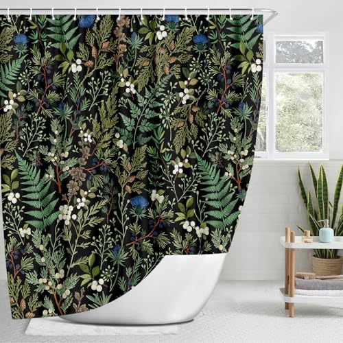 Vintage Botanical Shower Curtain, Elegant Boho Gothic Dark Green Ferns Floral Leaves Shower Curtain for Bathroom, Retro Whimsical Cottage Core Wildflower Farmhouse Curtain Bathroom Accessories 72X72