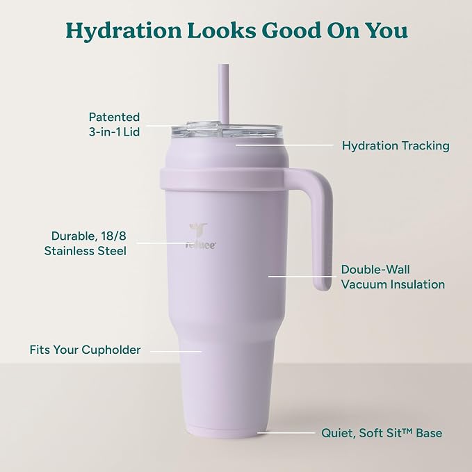 Reduce Reusable 50 oz Cold1 Water Tumbler – Ergonomic Handle – Double-Wall Insulation – Sturdy Desktop/Tabletop Mug with Lid and Straw -BPA-Free –Stainless Steel for Gym, Home, Office– Gentle Lavender