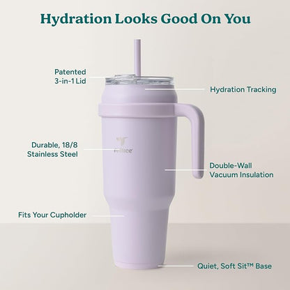 Reduce Reusable 50 oz Cold1 Water Tumbler – Ergonomic Handle – Double-Wall Insulation – Sturdy Desktop/Tabletop Mug with Lid and Straw -BPA-Free –Stainless Steel for Gym, Home, Office– Gentle Lavender