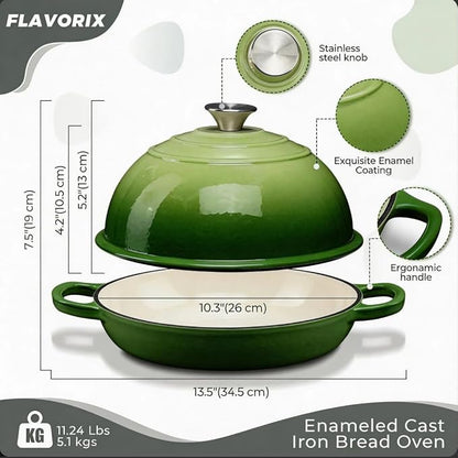 Cast Iron Bread Oven for Sourdough, 6Qt Bread Baking Pan with Lid, Enameled Sourdough Dutch Oven for Bread Baking, Oven Safe up to 482℉, Green