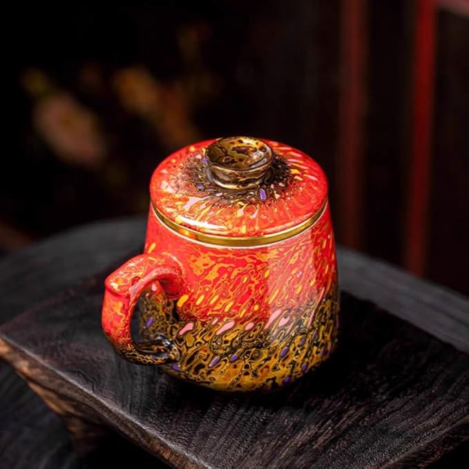 Lacquer Moment Handcrafted One-of-a-Kind Lacquer Cup 360ml (12.2oz) with Removable Infuser Artisan Chinese Lacquerware Luxury Gift for Her Him Mother’s Day Birthday Anniversary (Crimson Flame)