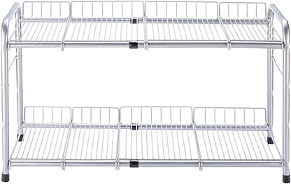 FlagShip 2 Tier Under Sink Organizers and Storage Rack Expandable Cabinet Shelf for Kitchen Bathroom Silver (17-25 inches)