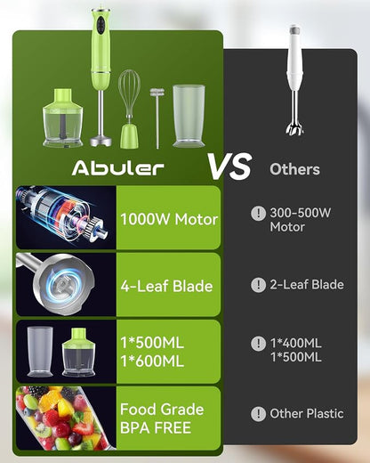 Immersion Blender Handheld 5 in 1 Hand Blender, 1000W Hand Mixer Stick, BPA-Free 12 Speed Handheld Blender with Mixing Beaker, Chopper, Whisk and Milk Frother for Soup, Smoothies, Sauce, Baby Food