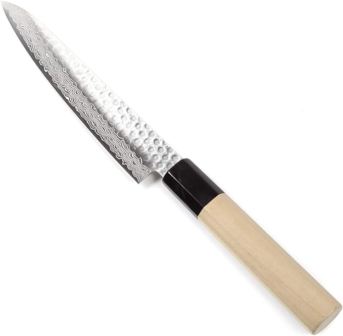 Japanese Petty Knife Hammered Damascus VG-10 46 Layer Octagonal Magnolia Wood Handle, 6-inch (150mm)