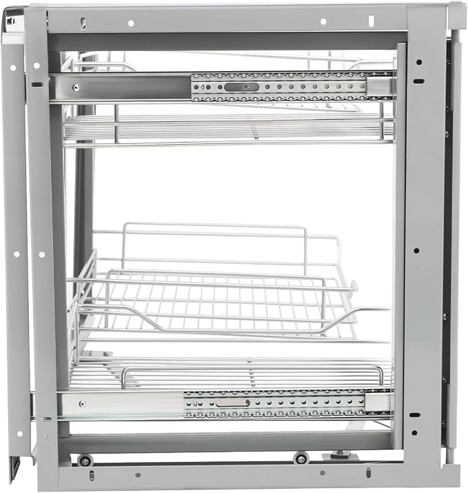 Pull-Out Cabinet Organizer, 2-Tier Left or Right Corner Kitchen Cabinet Organizer, Slide Out Drawer, Stainless Steel, Grey Silver, 4 Baskets, for Pantry, Kitchen, Apartment, Home Storage