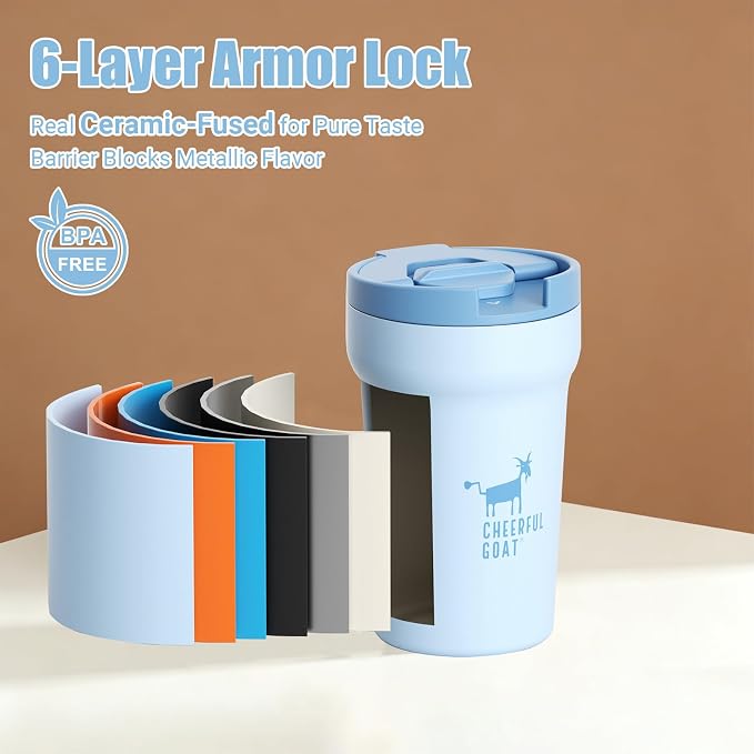CHEERFUL GOAT Ceramic Lined Coffee Mug – Stainless Steel Travel insulated Tumbler with Ceramic Liner, with lid, 12oz Leak proof Cup for Hot and Cold Water Coffee at Home, Office, or On the Go (Blue)
