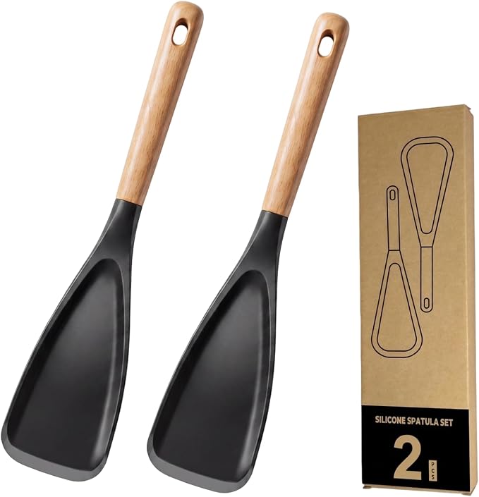 Silicone Cooking Spoon & Spoonula Spatula for Nonstick Cookware, Heat Resistant 600°F Kitchen Utensil, BPA-Free Food-Grade, Solid Wood Handle, Serving Scraping Scooping Stirring （Two black ones）