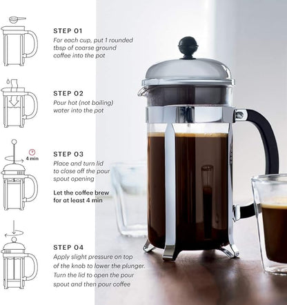 Bodum 34oz Chambord French Press Coffee Maker, High-Heat Borosilicate Glass, Stainless Steel, White – Made in Portugal
