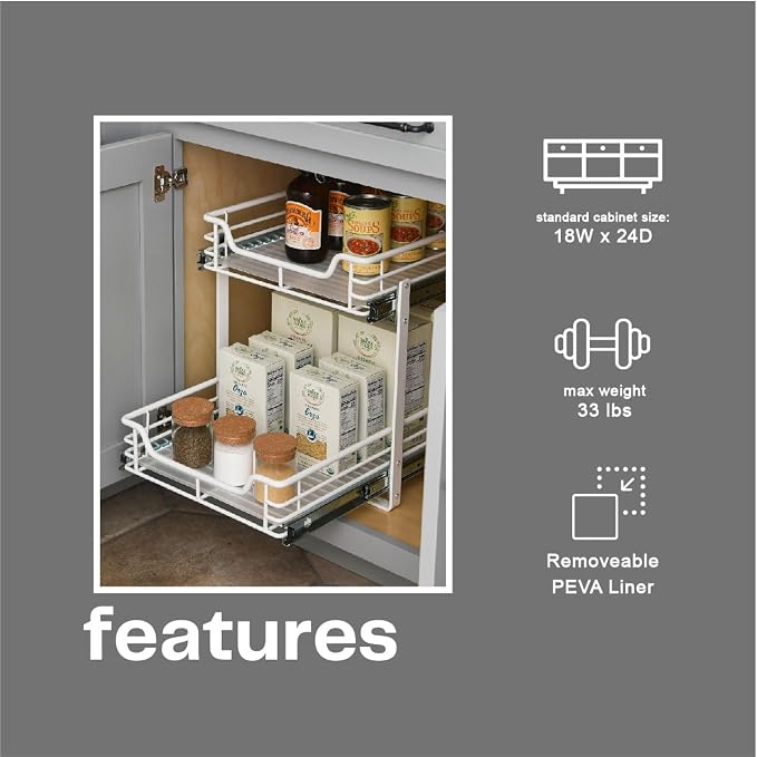 Household Essentials Glidez Multipurpose Paint-Finished Steel Pull-Out/Slide-Out Storage Organizer for Under Cabinet Use - 2-Tier Design - Fits Standard Size Cabinet or Shelf, White